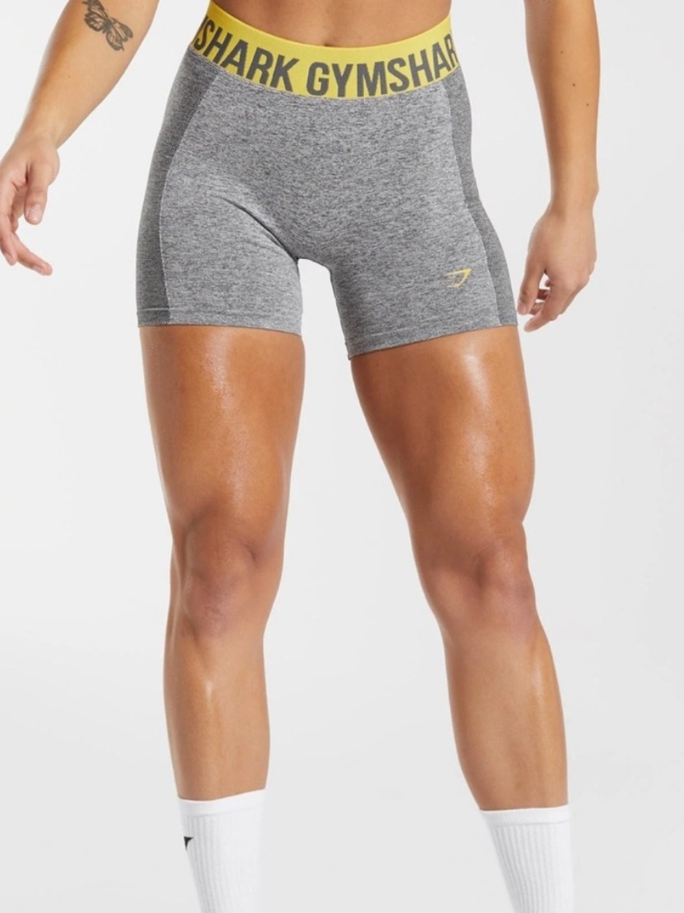 Gymshark Grey Seamless Bike Shorts with Yellow Waistband